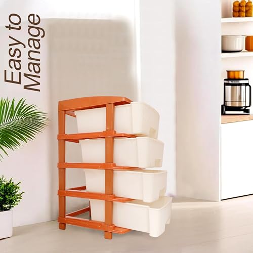 Image of Plastic Modular Drawer Storage Chest Of Drawers Organizer Storage Box, Large Stomo Racks For Multipurpose Anti-slip Shoes Organizers (White & Golden, 4 Layer)