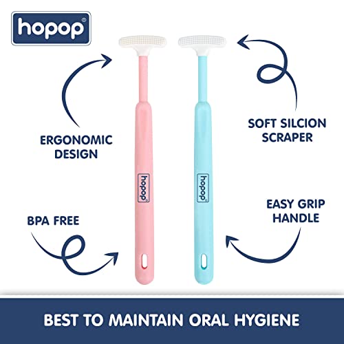 Image of Hopop Tongue Cleaner for Baby | Tender Baby Oral Cleaner Toothbrush with Silicone Scraper | Suitable from 6+ Months | 100% Safe Kids Tongue Cleaner | Pack of 2 | Blue & Pink