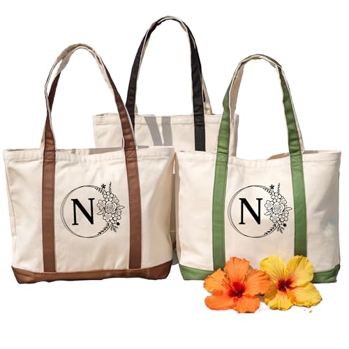 GODMERCH Personalized Initial Canvas Beach Bag, for Wedding, Birthday, Perfect Gifts for Women, Mom,Bridé,Teachers, Friends