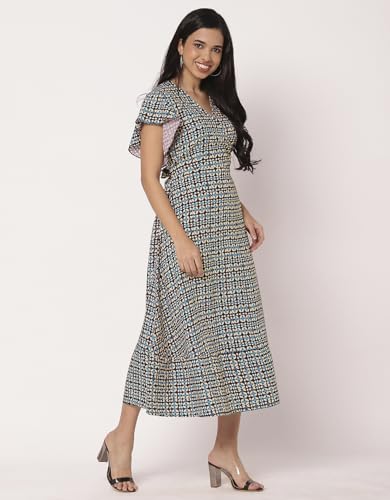 Image of Moomaya Women's Printed Dress, V-Neck, Short Sleeves, Ruffled Midi Summer Dress