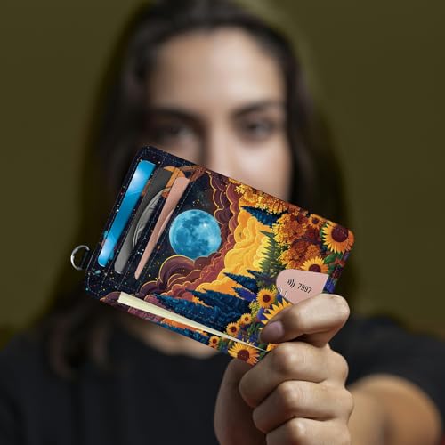 Image of Small Travel Wallets, Starry Sunflowers Cosmic Planet Slim Minimalist Front Pocket Wallet with Wristlet, RFID Blocking PU Leather Credit Card Holder with ID Window Change Purse for Men Women