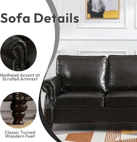 Image of Kingfun Small Leather Loveseat, 57.9 inch Mid Century Modern Leather Couch for Living Room, Bedroom, Office, Love seat Sofas, Mini Sofa with Rolled Arms and Nailhead Trim, Black