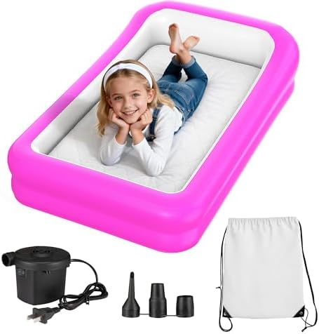 CAMPLAND Inflatable Toddler Travel Bed, Portable Kids Air Mattress with Soft Bed Sheet, Toddler Air Mattress with Surround Safety Bumpers, ldeal for Home Use or Travel, Includes Pump and Carry Bag