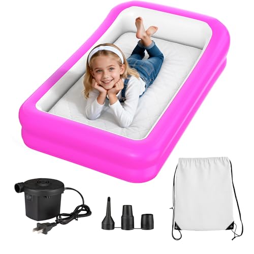 CAMPLAND Inflatable Toddler Travel Bed, Portable Kids Air Mattress with Soft Bed Sheet, Toddler Air Mattress with Surround Safety Bumpers, ldeal for Home Use or Travel, Includes Pump and Carry Bag