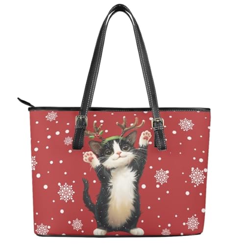 Image of Coldinair Christmas Leather Tote Bag for Women with Zipper Large Shoulder Tote Bag Shopping Casual Travel Bag Handbag Purse
