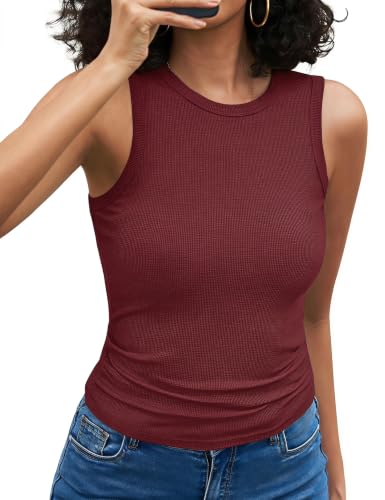 Quenteen Ribbed Tank Tops for Women Scoop Neck Sleeveless Summer Shirts Slim Fit Wide Strap Casual Going Out Tops Wine Red X-Large
