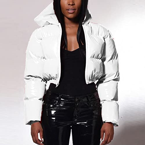 Womens Autumn And Winter Warm Short Shiny Padded Hooded Leather Jacket Fleece And Down Jacket White #TOP14