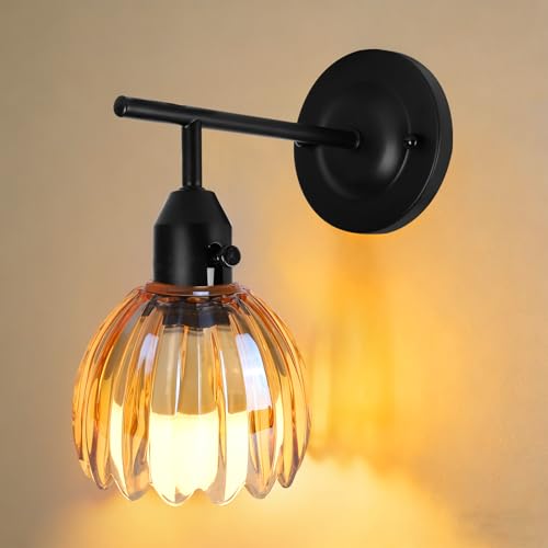 Image of Vintage Wall Sconces with Cute Amber Tulip Glass Lampshade, Black Wall Sconces Hradwired Modern Wall Lighting Fixture with Switch for Bedside Bedroom Living Room Wall Decor