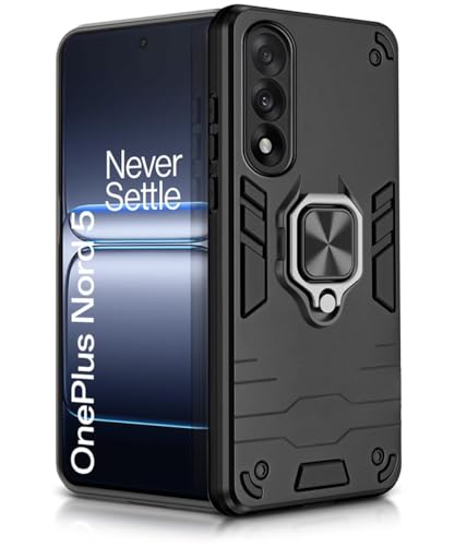 Image of WOW IMAGINE Shock Proof Back Case Mobile Cover for 1+ Oneplus Nord 5 5G (Tough Armor | Hybrid PC + TPU | Full Protection with Ring Holder & in-Built Kickstand | Black)