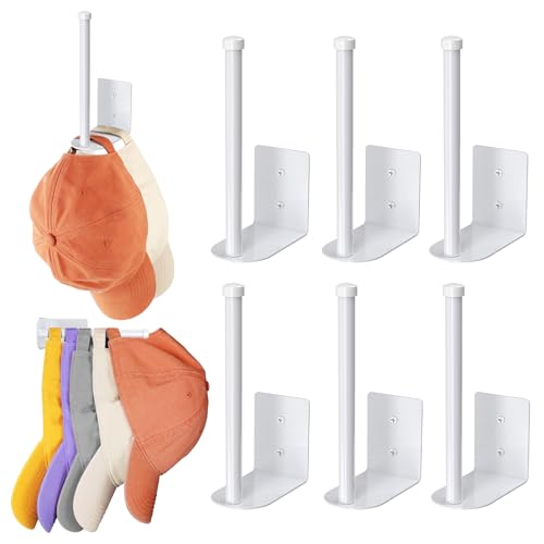 Durmmur 6 Pack Hat Racks for Baseball Caps, Stainless Steel Hat Organizer for Baseball Cap, Hat Holder Storage Organizer, Hat Hanger Strong Adhesive/Wall Drilled for Door,Bedroom,Closet(White 6 in)