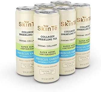 SKINTE Collagen Sparkling Tea - Hibiscus Vanilla - 3000mg Collagen Peptides & Rich in Super Herbs & Antioxidants - Benefits Hair, Skin, and Nails - Zero Added Sugar & Non GMO - 12 oz Pack of 6