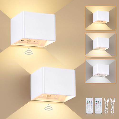 Dehobo Aplique Pared Interior sin Cable y con Sensor Movimiento, USB Recargable Lamparas sin Cables con Sensor de Movimiento, 3 Colore, Apliques Pared Interior Blanco Para Pasillo Escaleras - 2 Piezas