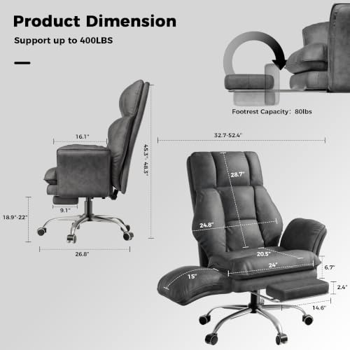 Image of Big and Tall Office Chair, Flip Armrests for Pets & Cross Legged Sitting | Executive Ergonomic Computer Gaming Chair with Foot Rest, Tech Fabric Wide Seat Reclining Desk Chair，Grey