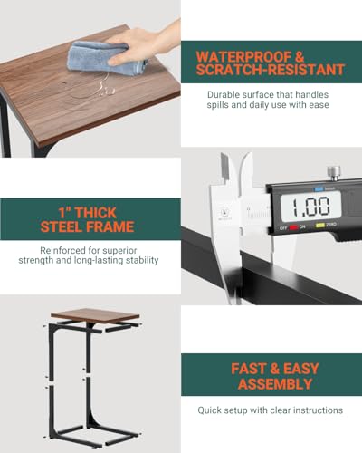 Image of C-Shaped Side Table for Couch - Small Coffee Stand Sofa Tray Desk with Metal Frame and Waterproof Scratch Resistant, Modern End Accent for Living Room, Bedroom, Set of 2, Rustic Walnut