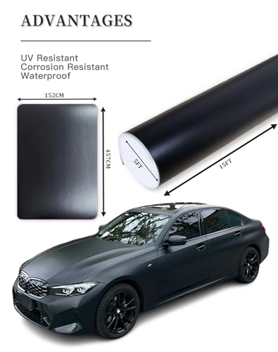 Image of Matte Black Vinyl Wrap Film for Cars, 15ft x 5ft Automotive Wrapping Film Roll for Car Body Protection, Scratch Resistance with Air Release Technology (Matte Black)