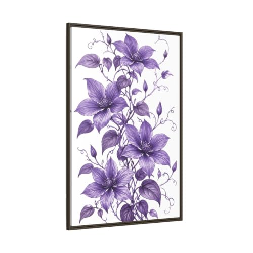 Décoration Murale Clématites Violettes - Cadre Bois Toile Salon 80x120