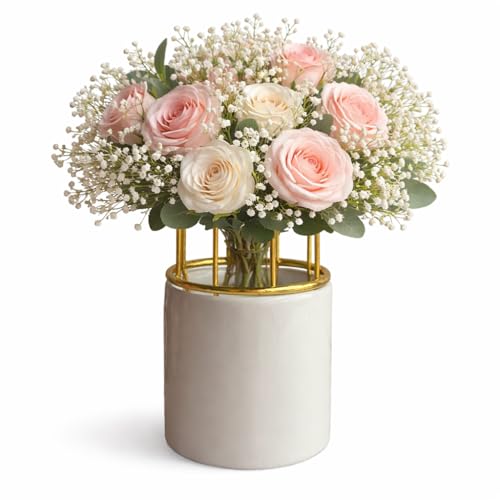 Image of Art Street Ceramic Vase with Gold Metal Finish | White Flower Pot for Home | Living Room, Bedroom and Office Decor | Vase for Gift | Size (7x3 Inch)