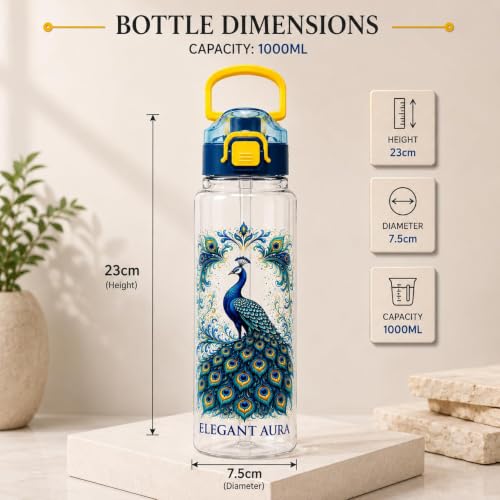Image of Elegant Aura Peacock Printed Water Bottle 1 Litre with Straw & Gulp Drinking