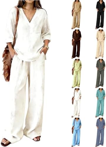 Linen Sets for Women 2 Piece Summer Lightweight V Neck Shirt Wide...