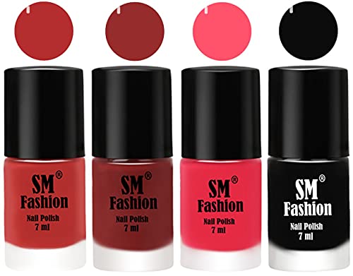 Image of Nail Polish Combo Set (Pack of 4) Quick Dry Gel Finish Nail Paint | Coral Pink ,Jam,Dark Pink,Black | 7 ml Each