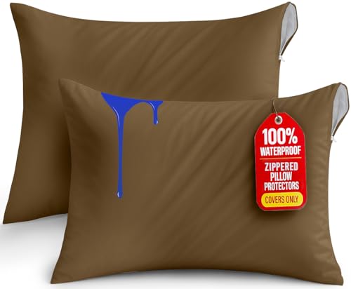 Image of Utopia Bedding Premium 100% Waterproof Pillow Protectors with Zipper Queen Size (Set of 2), Bed Bug and Dust Mite Proof Zippered Pillow Covers, Pillow Encasement Cases, Mocha
