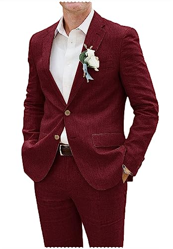 Linen 2 Piece Suits for Men Slim Fit Blazer Pants Set Wedding Summer