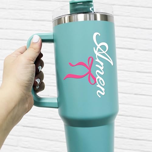 Image of Set 2Pcs Amen and Pink Bow Rearview Mirror Decal - Christian, Catholic Bible Decals, Inspiration Bow Cute, Car Accesories - Water Bottle Window Sticker - Vinyl Waterproof 2x1,5 Inches Stickers