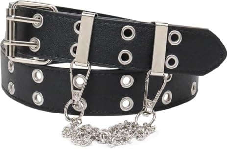 Women's & Men's Y2K Belt Star Double Grommet with Chain Goth Genuine Leather Rock