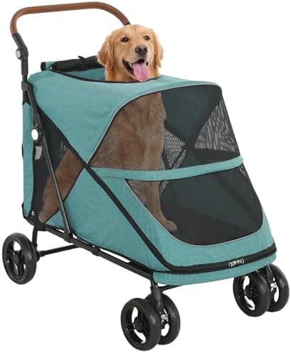 PawHut Carrito para Perros y Gatos Grande Plegable con un Botón hasta 30 kg, Cochecito para Perros Medianos y Grandes, Suspensión 4 Ruedas, Giratorio, Freno de Pie, Cojín Lavable, Turquesa