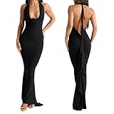 Women Sexy Backless Dress Halter Deep V Neck Detachable Flower Sleeveless Open Back Maxi Dress Cocktail Prom Formal Dresses (Black,S)