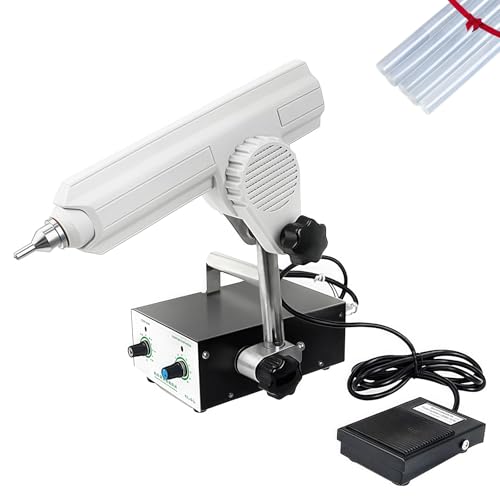 Pistola per colla a caldo con pedale, 125 stick di colla, ugello da 2,6 mm, velocità e temperatura regolabili per linee di assemblaggio e confezionamento in cartone.