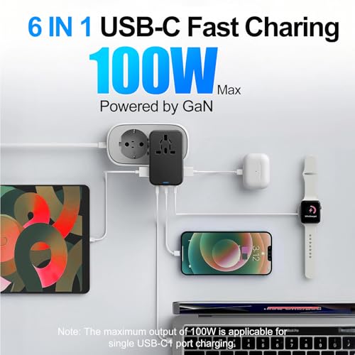 Image of JMFONE GaN 100W Universal Travel Adapter, 5 USB Ports & 2500W AC Socket, USB C Fast Charging Laptops /Tablets /Phones, International Power Adapter with EU UK US AUS Plugs for 200+ Countries