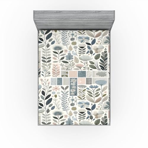 Ambesonne Floral Art Fitted Sheet, Modern Boho Vibes Scandi Leaves and Flowers with Geometric Ornaments, Bed Cover with All-Round Elastic Deep Pocket for Comfort, Queen Size, Blue Grey Blush Ivory