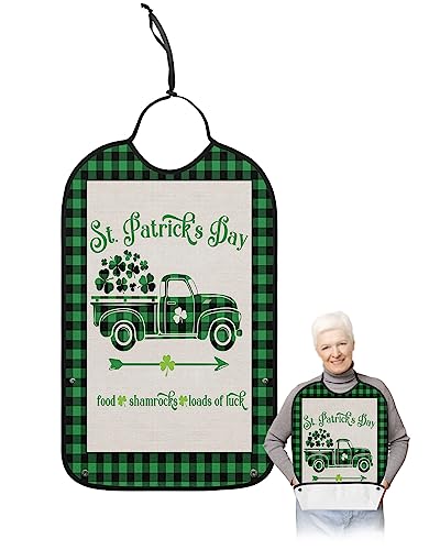 St. Patrick's Day Adult Bibs for Eating, Waterproof Bibs with Food Catcher & Adjustable Snap Closure, Green Black Plaid Truck Lucky Clover Washable Clothing Protectors Adult Bibs for Elderly Women/Men