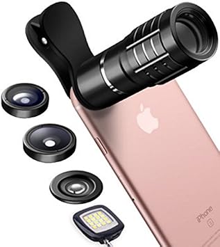 Smartphone Camera Lens Kit 12 x Telephoto Lens, 0.36 x Wide Angle, 20 x Macro, 180  Fisheye, Clip-Type, Fill-In Light, For iPhone, Sumsung, Sony Universal for Various Smartphones Black