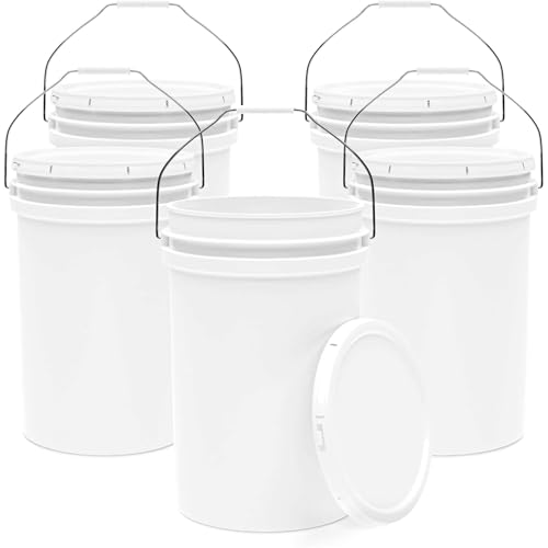 Image of 6.5-Gallon White Bucket Pail Container with Lid | Food Grade | Heavy-Duty Approx 90 MIL Extra Durable | Metal Handles with Plastic Grip | Multi-Use | Easy Stack and Store | BPA Free - 5 Pack