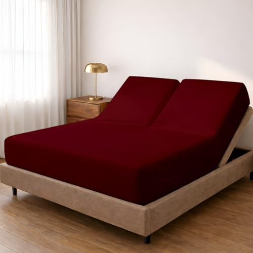 Split Top King Fitted Sheet for Adjustable Beds, 100% Giza Cotton, 34" Flex Head King Size, 1 Pc (Burgundy)