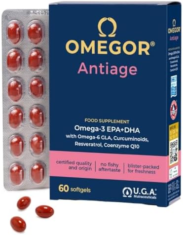 OMEGOR Antiage con Omega 3 e 6 - Integratore Pelle Antiossidante contro i Segni dell'Invecchiamento con Coenzima Q10, Resveratrolo, Alfa Lipoico e Curcuma (60 Capsule) Generico - integratore