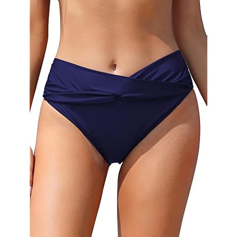 SHEKINI Women's Bikini Bottom Twist Front Swimsuit Brief Ruched Medium Waisted Bathing Suit Bottoms Blue Cover