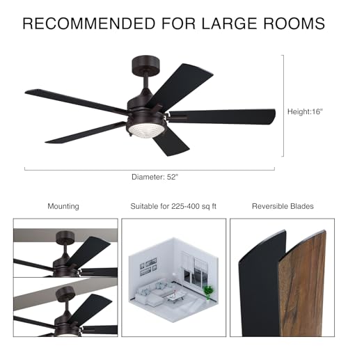 Caisens 52 Inch Farmhouse Ceiling Fan with Light and Remote Control, Forged Metal Light Kit with Crystal Prismatic Glass, 3CCT Dimmable, 6 Speed Reversible, Dark Bronze, Indoor/Outdoor by Caisens - Used condition - Image 5