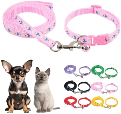 Small Dog Collar and Leash Set with Bell,Pink Love Nylon Cat Collar Girl Female Cute Fancy Puppy Collar with Bells for XXS XS Little Kitten Boys Pet Dogs,Neck 7-12 Inch