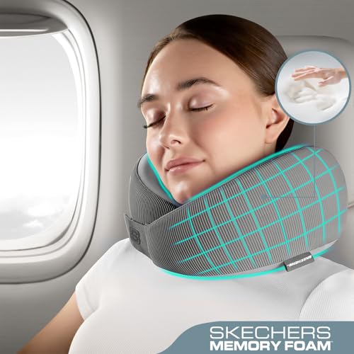 Image of Skechers Men's Memory Foam Neck Pillow, Comfortable & Breathable Travel Pillow,Neck Pillow Airplane for Travel, Car Rides, Home, and Office Use, Ergonomic Design for Men and Women,Grey