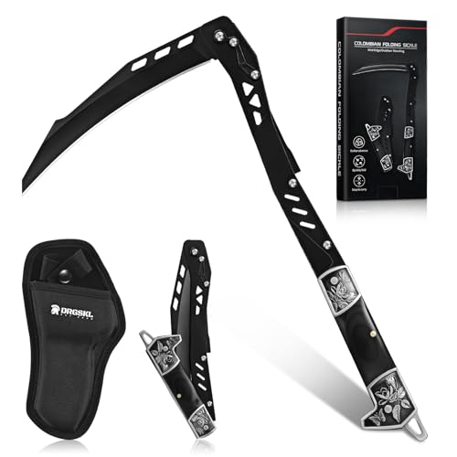 DRGSKL Faltbar Sense mit Scheide Schwarze Outdoor Klappbare Sichel für Gras und Unkraut Retro Sharp Sichel Garten Geschenk für Männer Einzige...