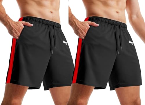 Image of JUST RIDER Men's Athletic Shorts with Side Stripe, Quick Dry, Black and Red, with Pockets