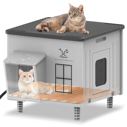Tepoal Plastic Heated Cat House for Outside Winter, Weatherproof Outside Cats Shelter with Safety Escape Doors and Heating Pads, Elevated Feral Cat House for Wild and Stray Cats 17.7'x17'x17.5' (Grey)