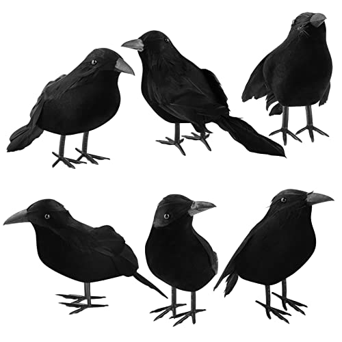 6 Stück Halloween-Krähen mit realistischen, schwarzen gefiederten Krähen mit Drahtband für Halloween-Kostümparty, Outdoor-Innendekoration Cover