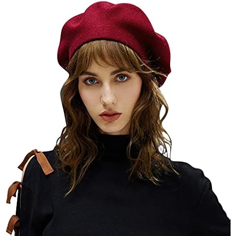 Suwangi Womens Beret hat Wool Warm Beret Beanie Peaked French Artist Solid Color Red Cover