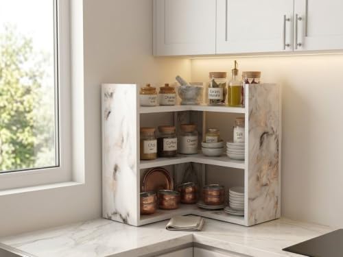 Image of Multipurpose 3 Tier L Shaped Wooden Storage Rack For Kitchen, Living Room and Utility Storage, White Marble