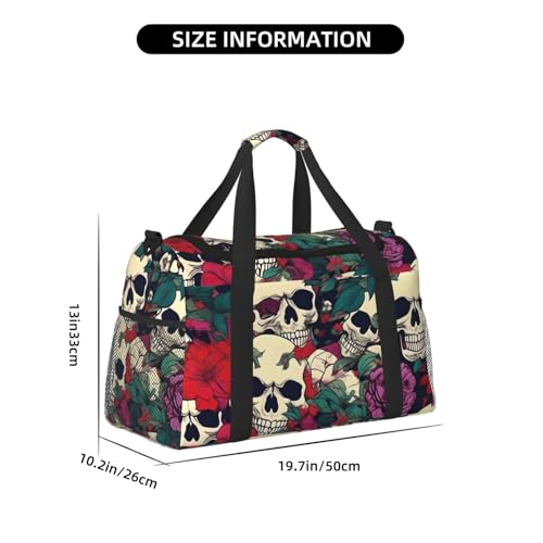 Floral Skulls Print Stylish Foldable Carry On Tote with Waterproof Zipper for Weekend Getaways Bag4