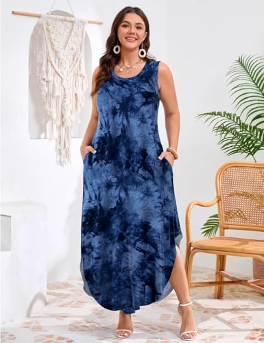 Image of JollieLovin Women Plus Size Summer Tank Maxi Dresses Sleeveless Causal V Neck Beach Long Dresses Swim Cover up (L-5X)